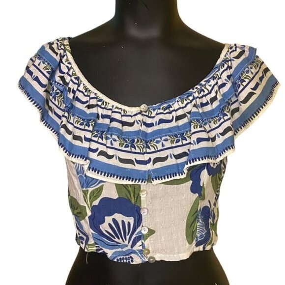 NEW Rachel Zoe Blue Floral Print Ruffle Off Shoulder Blouse Size Medium - Picture 1 of 6